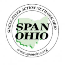 Circle with words Single Payer Action Network Ohio SPAN OHIO www.spanohio.org with a map of Ohio in the middle