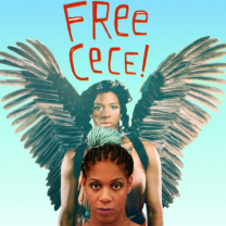 Words in handwriting font Free Cece! and a black woman's face at bottom with her being an angel above her
