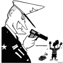 Policeman cartoon holding a gun on a small black child with a water pistol