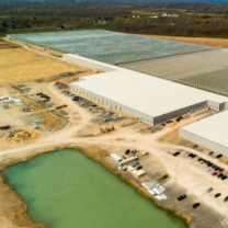 Bird's eye view of long flat buildings