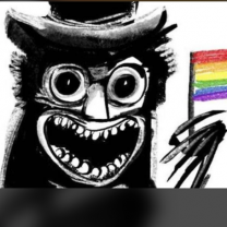 Scary owl holding a rainbow flag