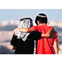 Palestinian boy and Israeli boy with arms around each other