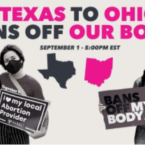 People holding signs with details of event