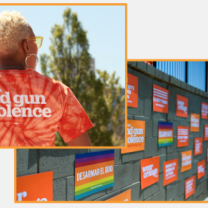 Woman wearing Wear Orange shirt and posters