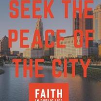 Columbus skyline with tall buildings and the river in the background and red letters saying Seek the Peace of the City
