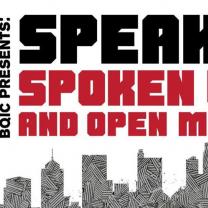 The words BqiC presents Speak Spoken and Open with columbus skyline at the bottom
