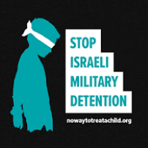 Drawing of person with blindfold and words Stop Israeli Military Detention