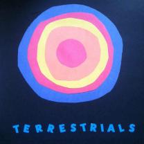 Concentric circles of blue, red, yellow and orange like a sun in the middle of a darker blue background and the word Terrestrials