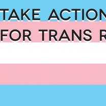 Blue, pink an white flag background with words take action for trans rights