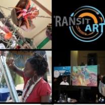 Four squares, top left looks like a sculpture, top right is the words Transit Arts, bottom right is a series of paintings on easels and bottom left a woman black girl painting at an easel