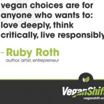 Veganshift logo at bottom and quote "vegan choices are for anyone who wants to: love deeply, think critically, live responsibly