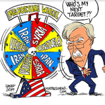 John Bolton comic character, an older man in a suit with white hair, bushy white eyebrows, white mustache and wire rimmed glasses spinning a wheel of misfortune wheel with names of countries like Iran, Syria, Venezuela on it and his bubble words say Who's my next target?