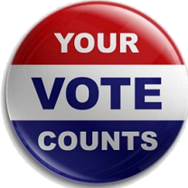 Your vote counts on a button in red white and blue