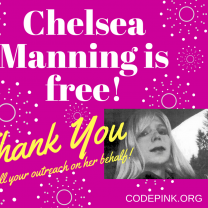 Pink background with photos of blonde woman and words Chelsea Manning is free! Thank  you for all your outreach on her behalf!