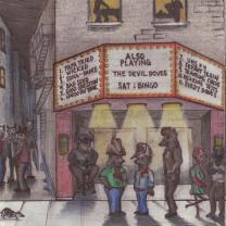 Illustration of movie theater with Also Playing on marquee and strange animal people standing on the street and a rat running by