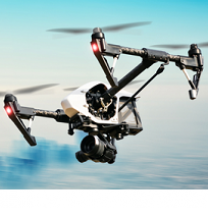 Drone flying in the sky, three propellers