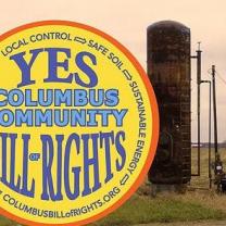 Logo from Columbus Community Bill of Rights and an injection well in the background