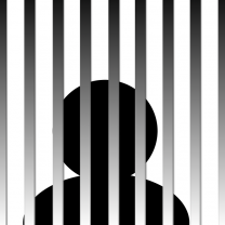 A black figure behind gray bars like a jail cell