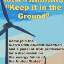 Blue background, windmill to the left, the words Keep it in the Ground in yellow at to and details in words below