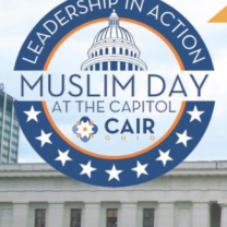 Blue circle with stars at the bottom and the words Leadership in action Muslim day at the capitol and a picture of the statehouse