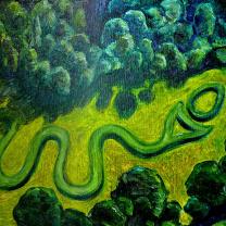 Bird's eye view of the serpent mound, a green snaky looking thing on the ground, surrounded by trees