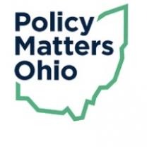 Blue words Policy matters Ohio within a frame of a green Ohio silhouette