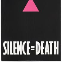 Pink triangle on black background with words Silence equals death