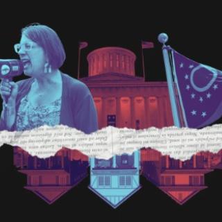 Woman with bullhorn, Statehouse, Ohio flag, people's houses