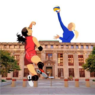 Two women playing volleyball on either side of City Hall