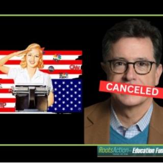 Colbert with CANCELED over his mouth