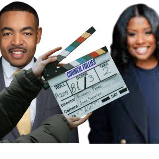 Shannon Hardin and Tiara Ross with movie clapboard