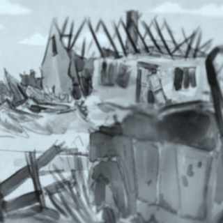 Woman next to bombed out buildings