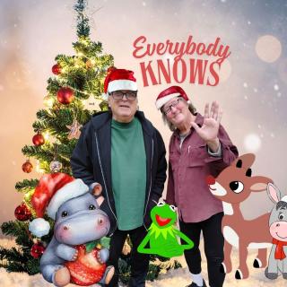 Bob and Dan with Christmas tree, kermit, Dominick the Donkey, a hippo and Rudolph