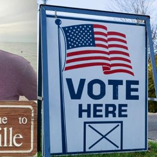Will Klatt and wife, Clintonville sign and Vote Here sign