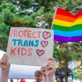 Someone holds aloft a sign reading "Protect trans kids." 