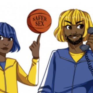 Basketball on a person's finger with the words Safer Sex on it