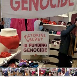 Sign saying VIctoria's Secret is funding genocide