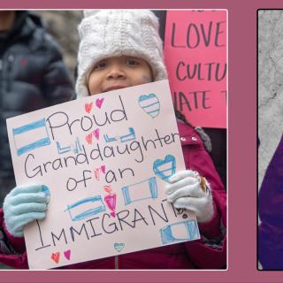 Girl holding pro-immigrant sign and ICE