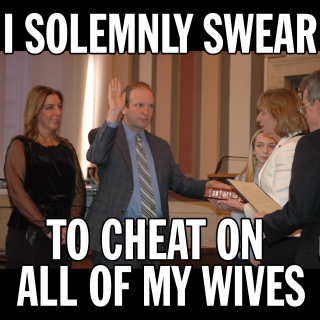 Guy with hand on Bible saying I solemnly swear to cheat on all my wives