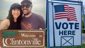 Will Klatt and wife, Clintonville sign and Vote Here sign