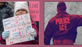 Girl holding pro-immigrant sign and ICE